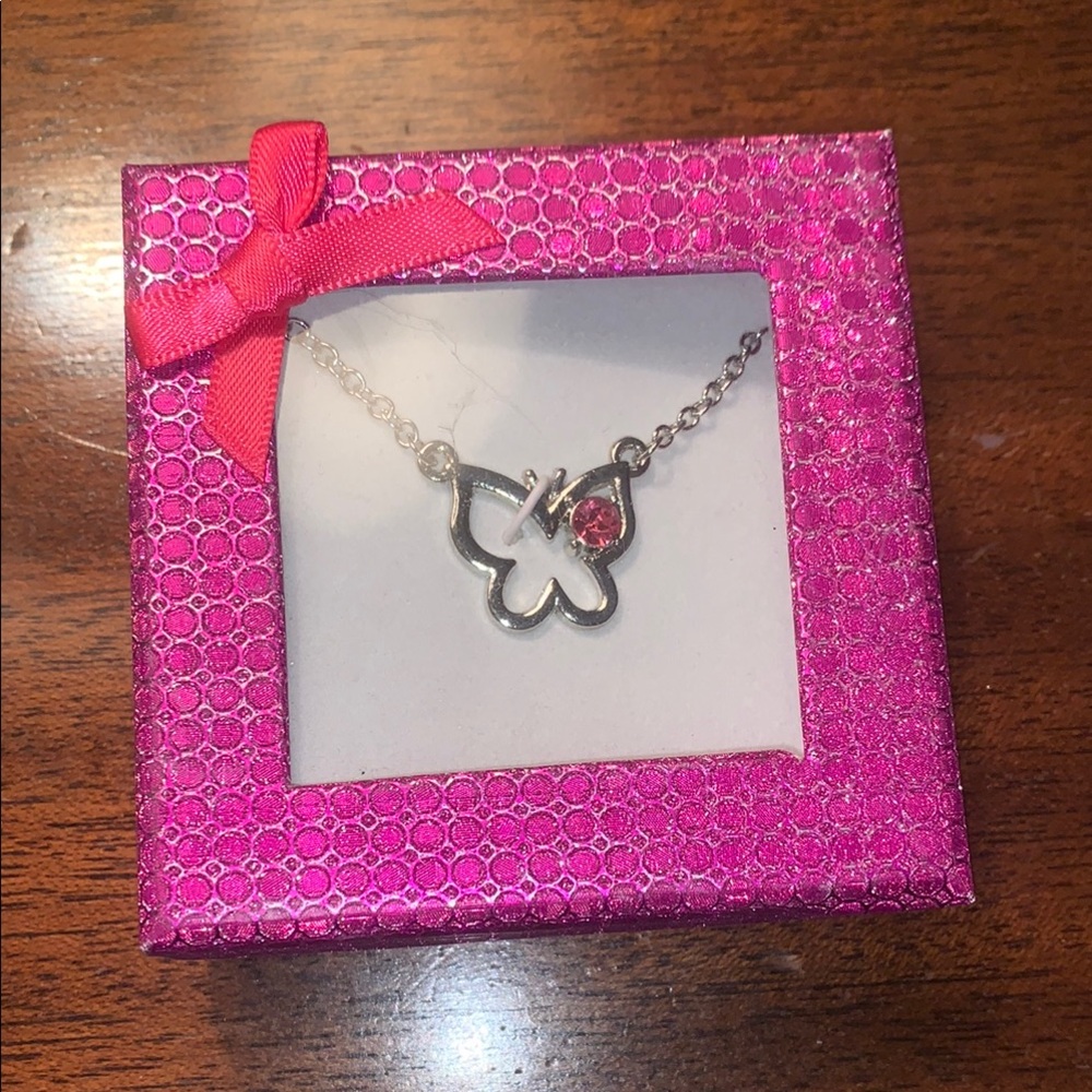 Silver Butterfly Necklace with Pink Gemstone